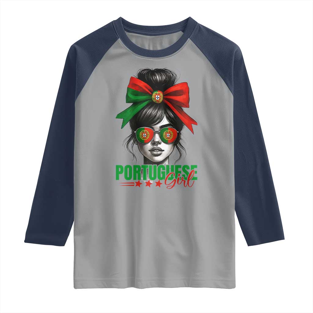 Portuguese Girl Raglan Shirt Messy Bun Portugal Flag Roots Heritage Pride Gift - Wonder Print Shop