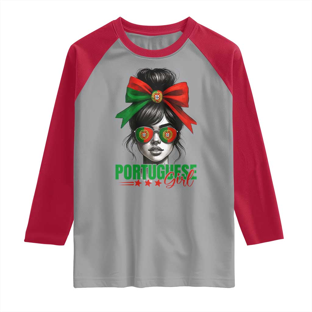 Portuguese Girl Raglan Shirt Messy Bun Portugal Flag Roots Heritage Pride Gift - Wonder Print Shop