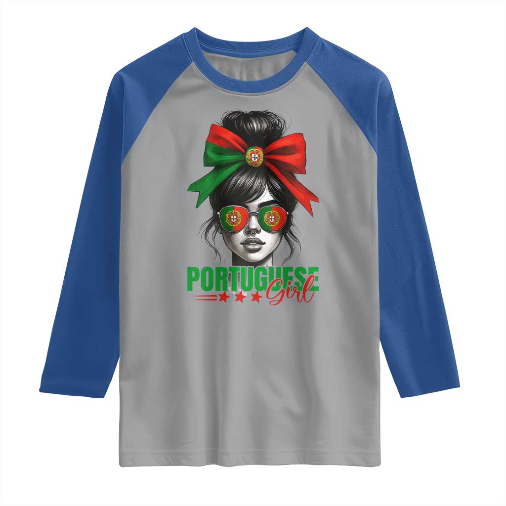 Portuguese Girl Raglan Shirt Messy Bun Portugal Flag Roots Heritage Pride Gift - Wonder Print Shop