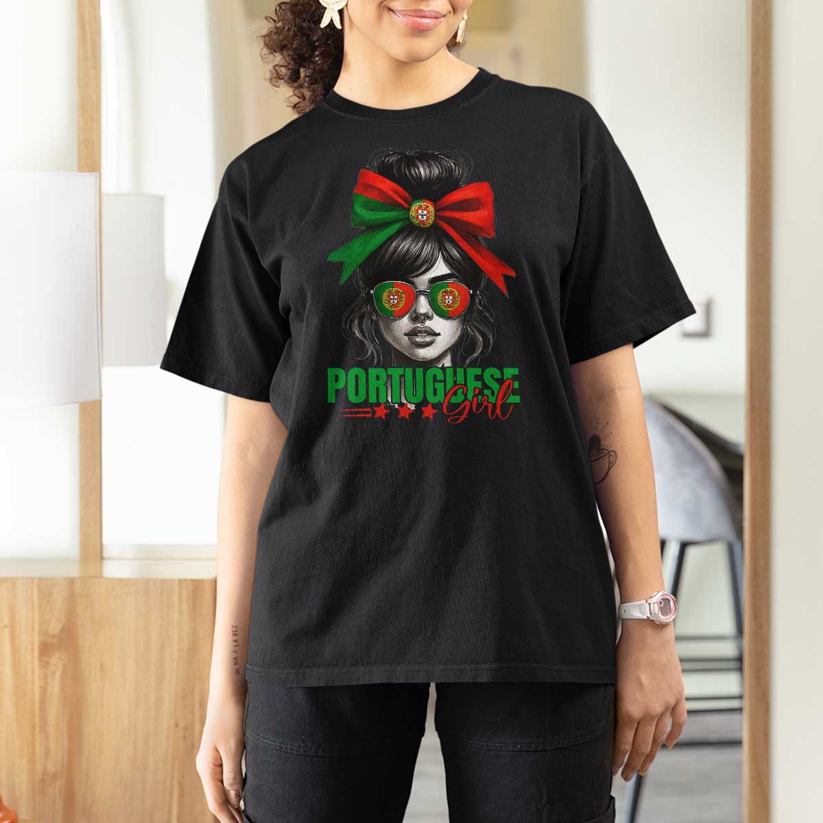 Portuguese Girl T Shirt For Women Messy Bun Portugal Flag Roots Heritage Pride Gift - Wonder Print Shop