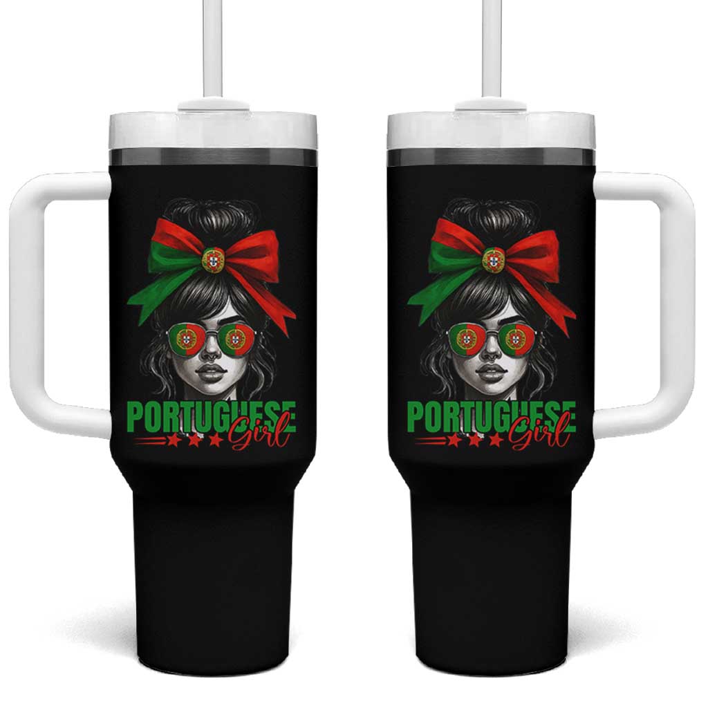 Portuguese Girl Tumbler With Handle Messy Bun Portugal Flag Roots Heritage Pride Gift - Wonder Print Shop