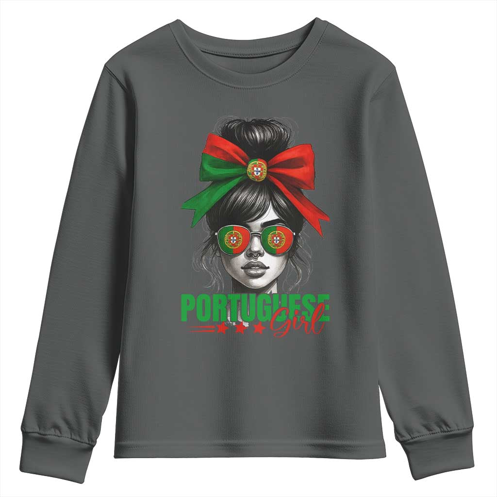 Portuguese Girl Youth Sweatshirt Messy Bun Portugal Flag Roots Heritage Pride Gift - Wonder Print Shop