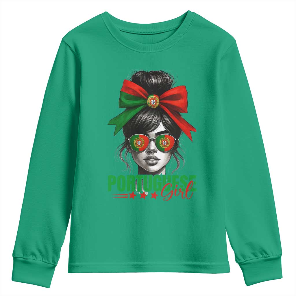 Portuguese Girl Youth Sweatshirt Messy Bun Portugal Flag Roots Heritage Pride Gift - Wonder Print Shop