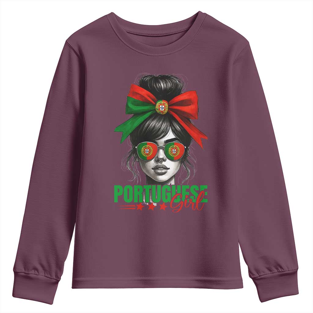 Portuguese Girl Youth Sweatshirt Messy Bun Portugal Flag Roots Heritage Pride Gift - Wonder Print Shop