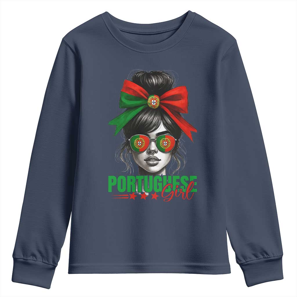 Portuguese Girl Youth Sweatshirt Messy Bun Portugal Flag Roots Heritage Pride Gift - Wonder Print Shop