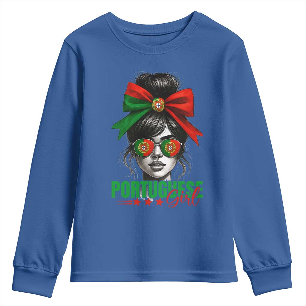 Portuguese Girl Youth Sweatshirt Messy Bun Portugal Flag Roots Heritage Pride Gift - Wonder Print Shop