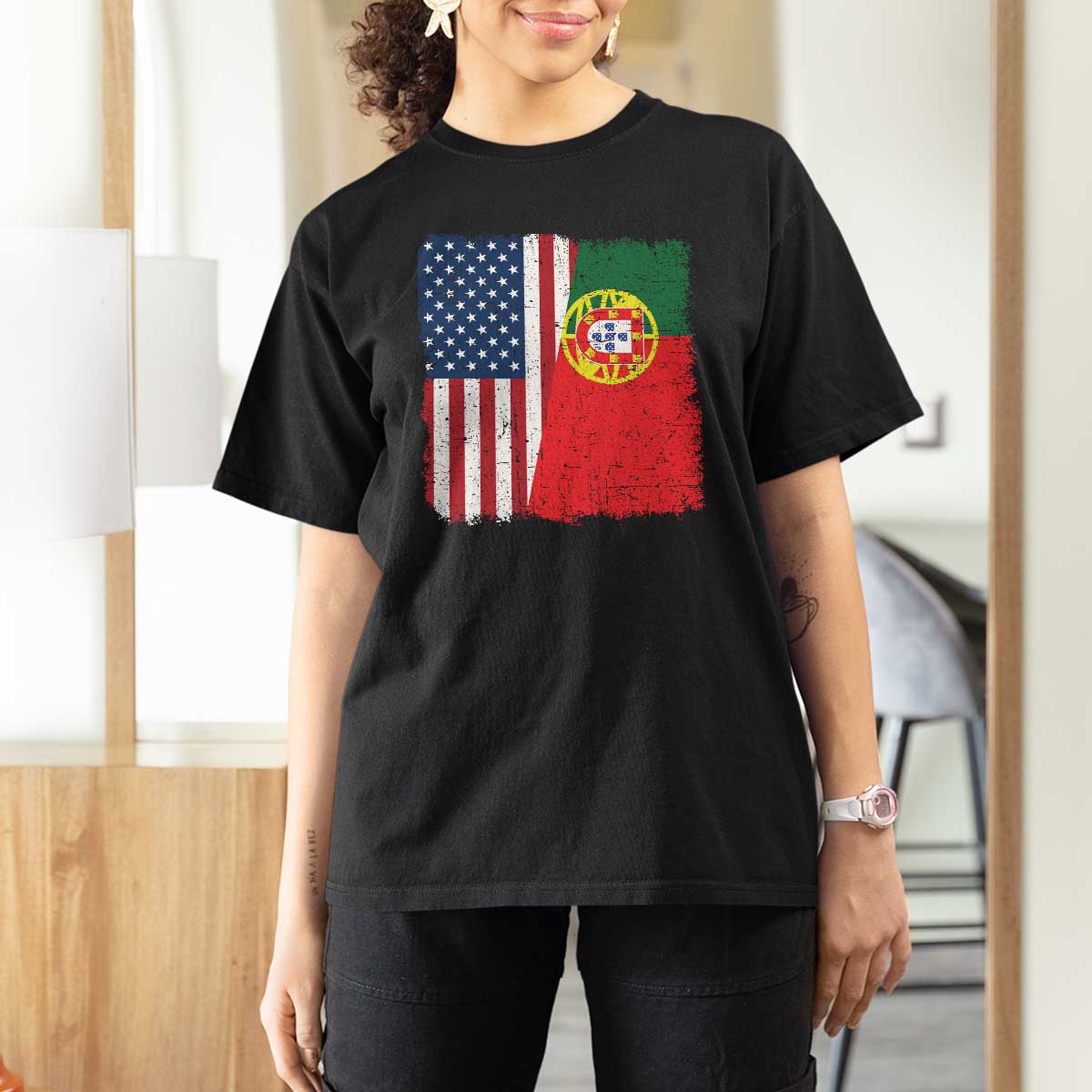 Portuguese American Flag T Shirt For Women Retro Vintage USA Portugal Roots Heritage Pride - Wonder Print Shop