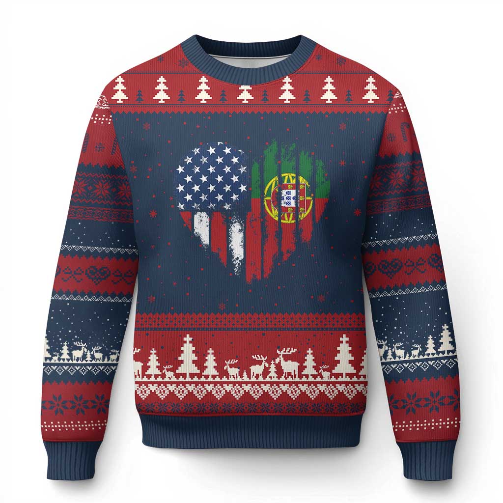 Half Portuguese American Flag Ugly Christmas Sweater Portugal Roots USA Flag Immigrant Gifts - Wonder Print Shop