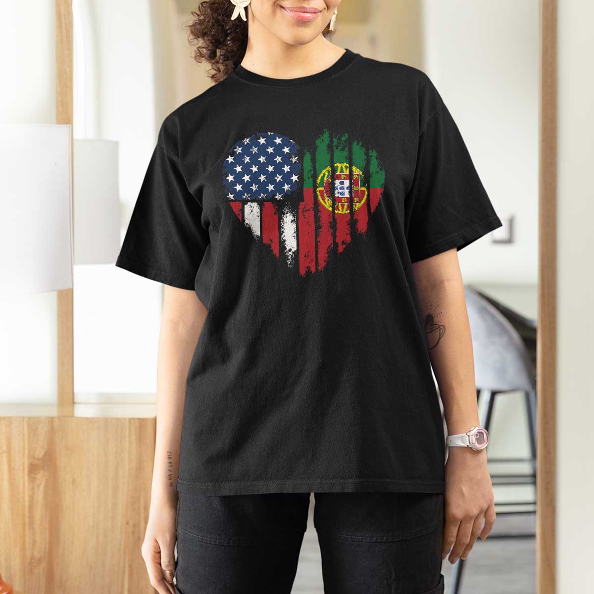 Half Portuguese American Flag T Shirt For Women Portugal Roots USA Flag Immigrant Gifts - Wonder Print Shop