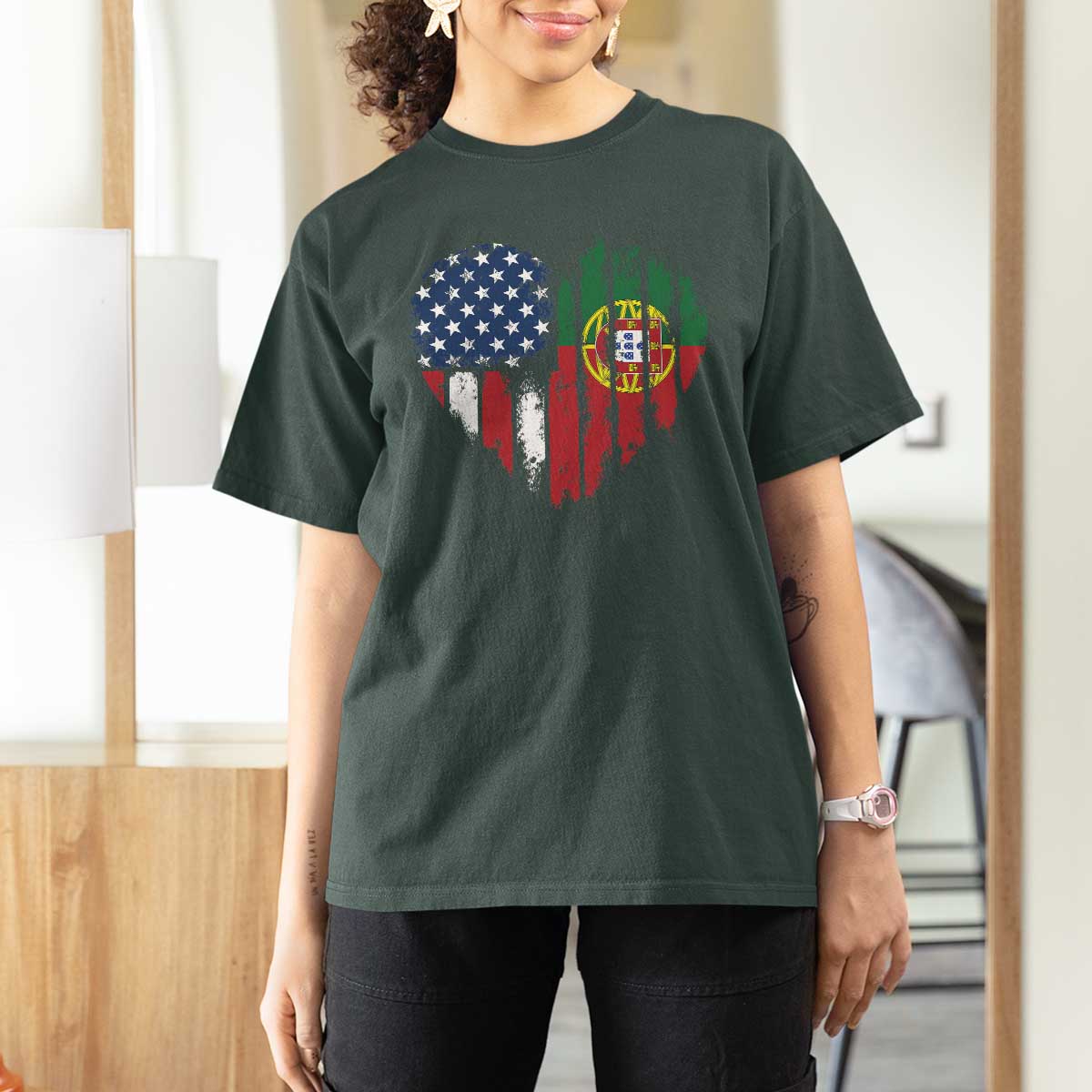 Half Portuguese American Flag T Shirt For Women Portugal Roots USA Flag Immigrant Gifts - Wonder Print Shop