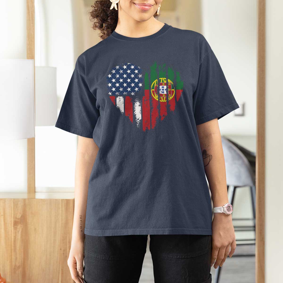 Half Portuguese American Flag T Shirt For Women Portugal Roots USA Flag Immigrant Gifts - Wonder Print Shop