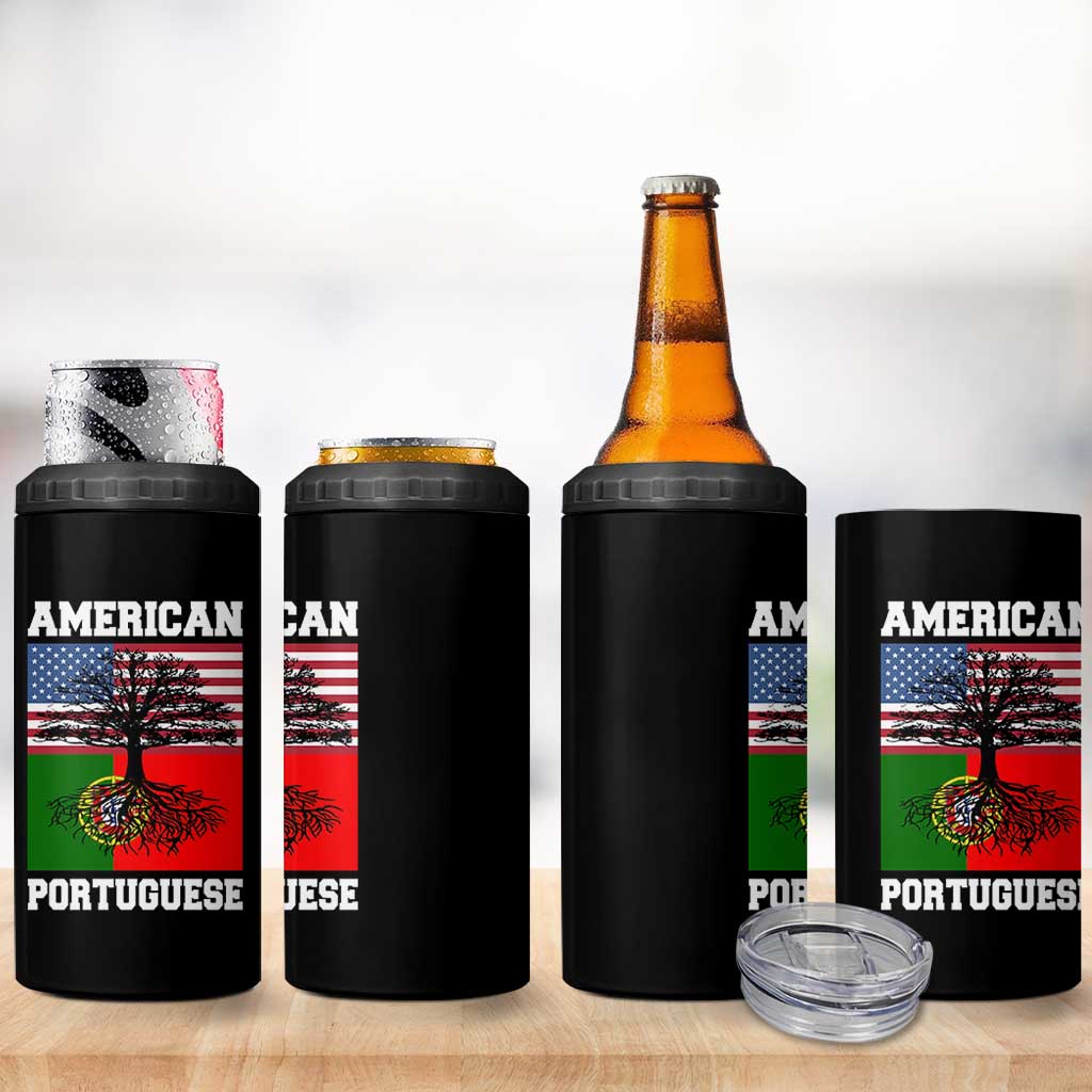 American Grown Portuguese Roots 4 in 1 Can Cooler Tumbler Distressed Tree Portugal USA Flag - Wonder Print Shop