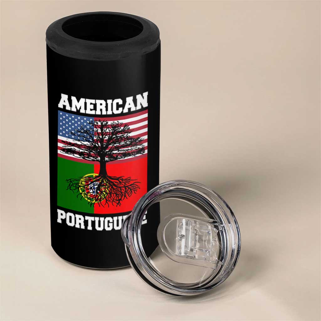 American Grown Portuguese Roots 4 in 1 Can Cooler Tumbler Distressed Tree Portugal USA Flag - Wonder Print Shop