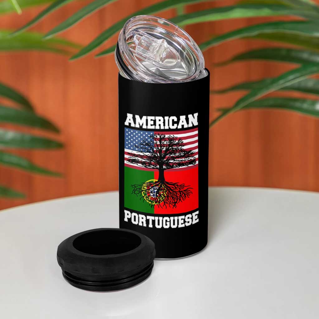 American Grown Portuguese Roots 4 in 1 Can Cooler Tumbler Distressed Tree Portugal USA Flag - Wonder Print Shop