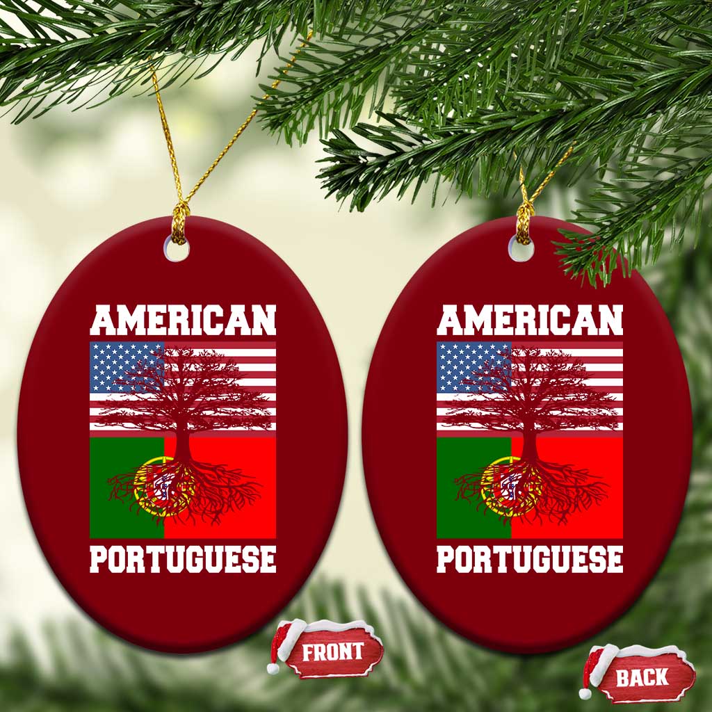 American Grown Portuguese Roots Ceramic Ornament Distressed Tree Portugal USA Flag - Wonder Print Shop