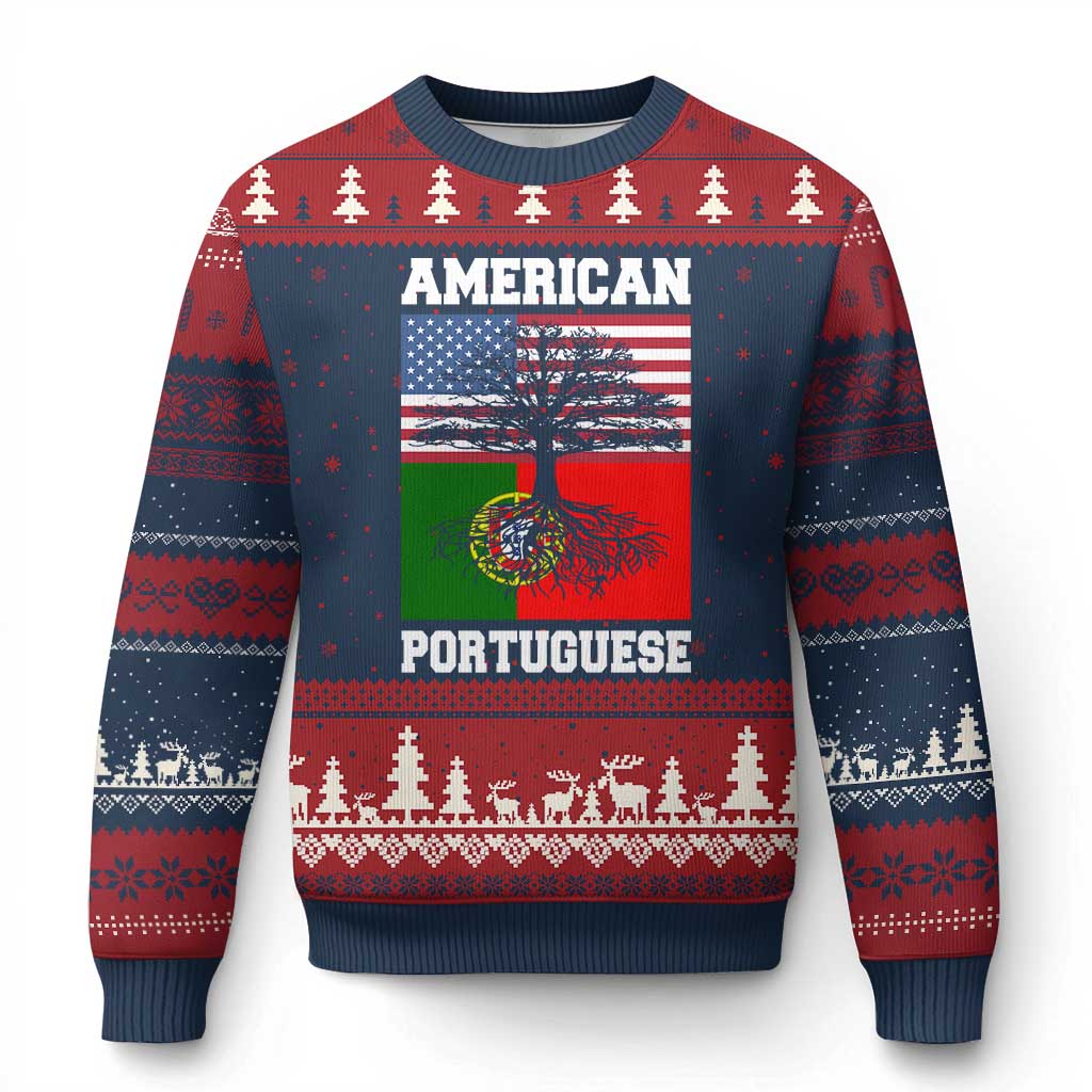 American Grown Portuguese Roots Ugly Christmas Sweater Distressed Tree Portugal USA Flag - Wonder Print Shop