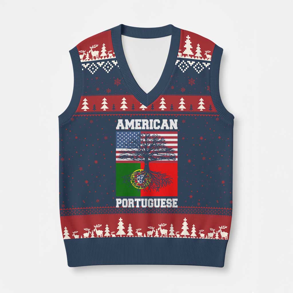 American Grown Portuguese Roots V-Neck Knit Sweater Vest Distressed Tree Portugal USA Flag - Wonder Print Shop