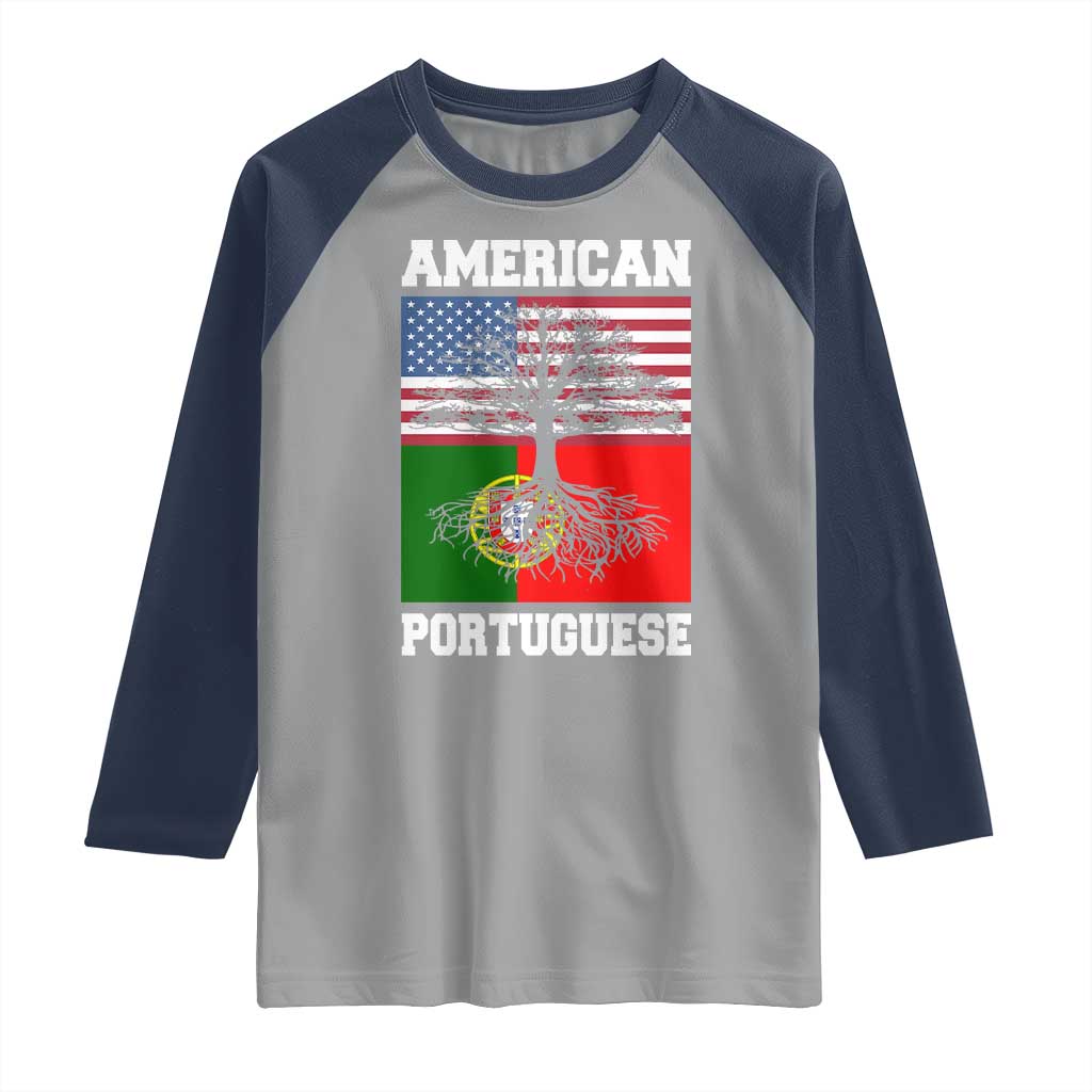 American Grown Portuguese Roots Raglan Shirt Distressed Tree Portugal USA Flag - Wonder Print Shop