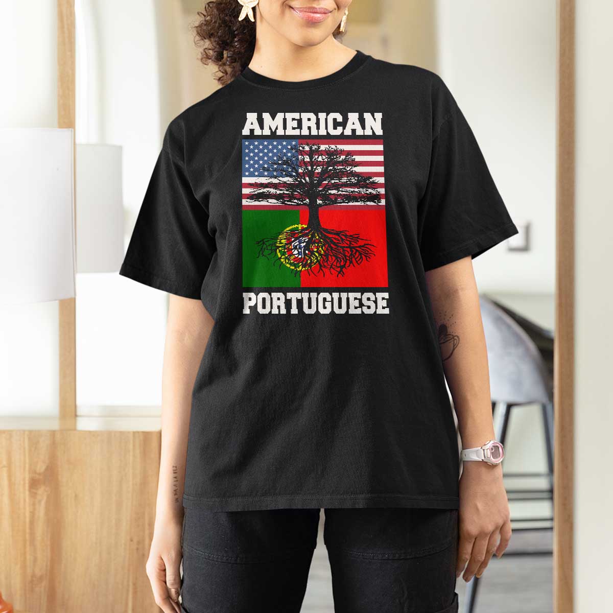 American Grown Portuguese Roots T Shirt For Women Distressed Tree Portugal USA Flag - Wonder Print Shop