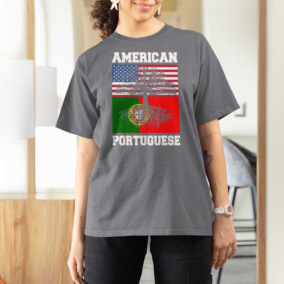 American Grown Portuguese Roots T Shirt For Women Distressed Tree Portugal USA Flag - Wonder Print Shop