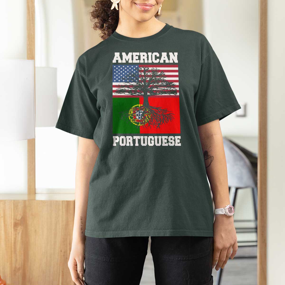 American Grown Portuguese Roots T Shirt For Women Distressed Tree Portugal USA Flag - Wonder Print Shop