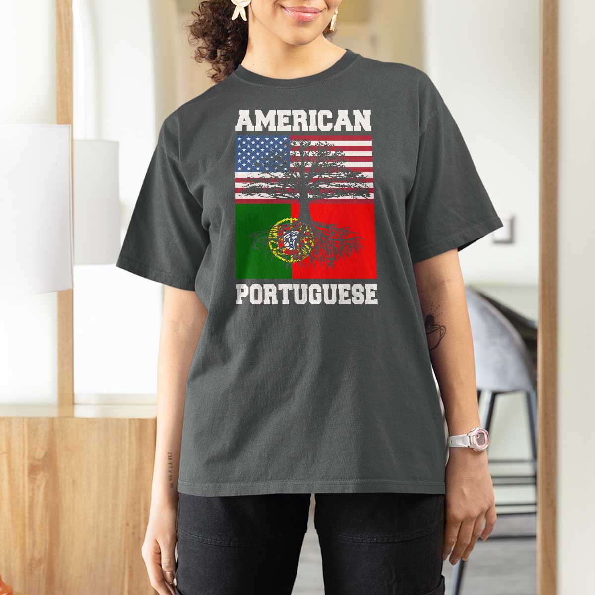 American Grown Portuguese Roots T Shirt For Women Distressed Tree Portugal USA Flag - Wonder Print Shop
