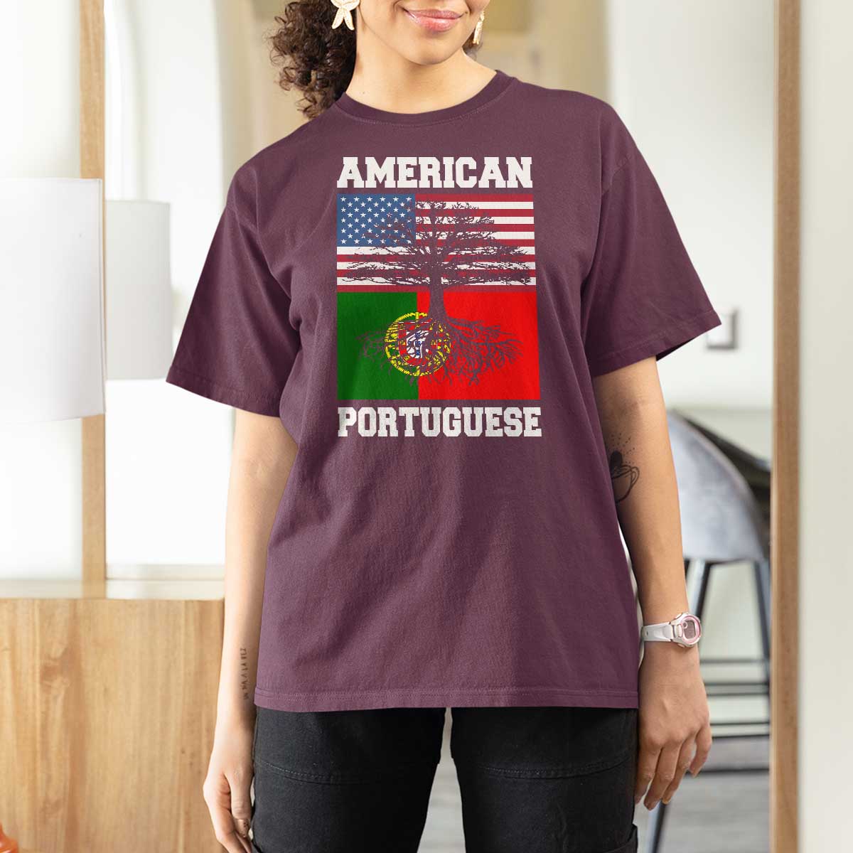 American Grown Portuguese Roots T Shirt For Women Distressed Tree Portugal USA Flag - Wonder Print Shop
