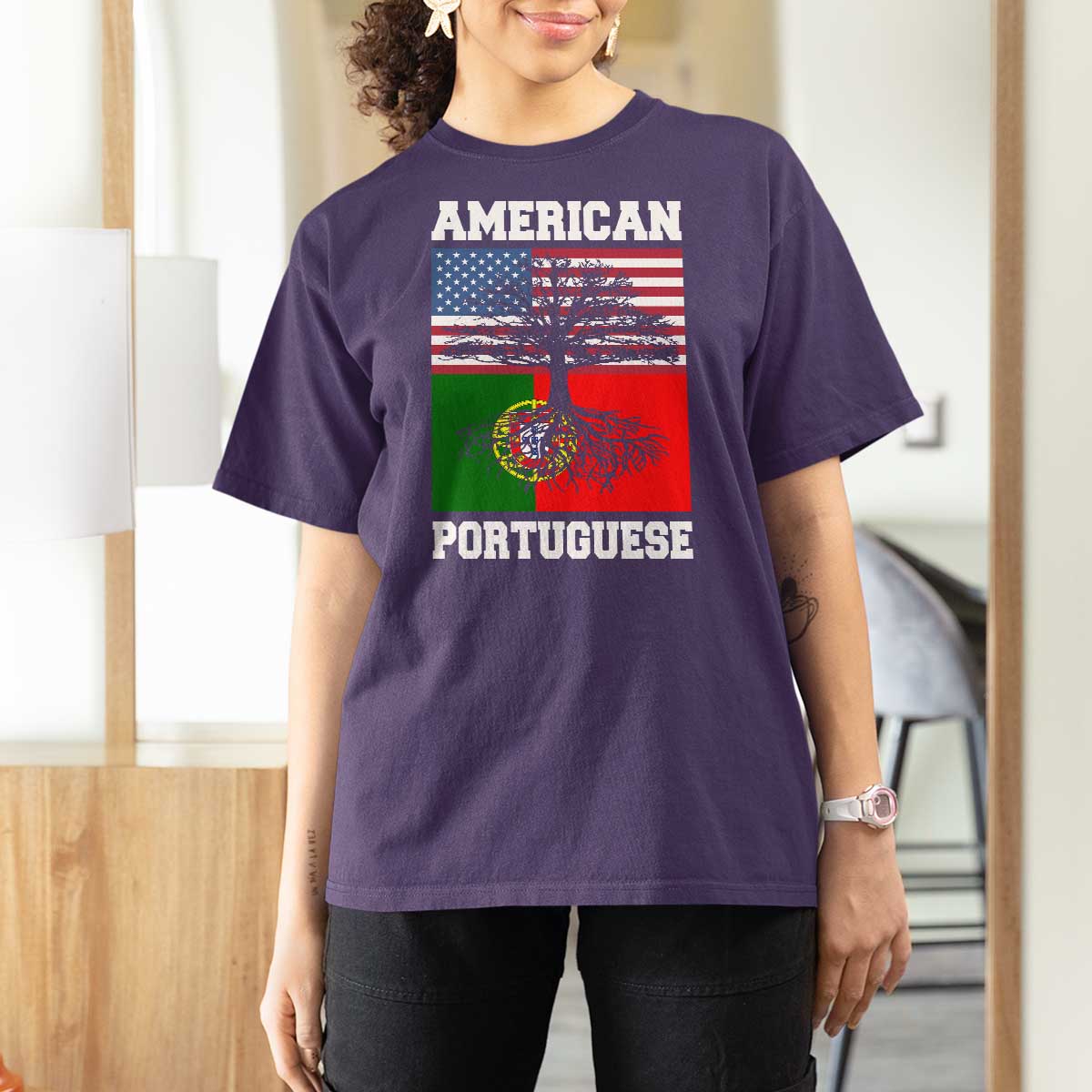 American Grown Portuguese Roots T Shirt For Women Distressed Tree Portugal USA Flag - Wonder Print Shop