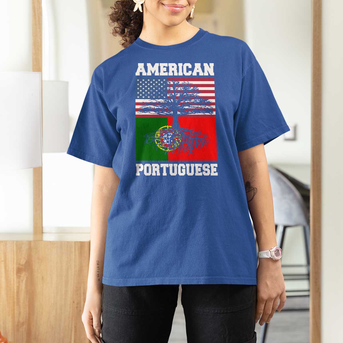American Grown Portuguese Roots T Shirt For Women Distressed Tree Portugal USA Flag - Wonder Print Shop