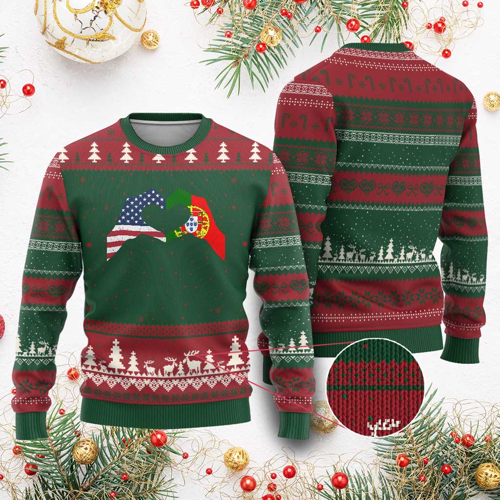 Portuguese American Flag Ugly Christmas Sweater Vintage Portugal USA Flag Heart - Wonder Print Shop