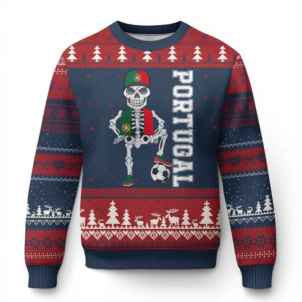 Portugal Soccer Ugly Christmas Sweater Skeleton Portuguese Flag Futebol Football Player - Wonder Print Shop