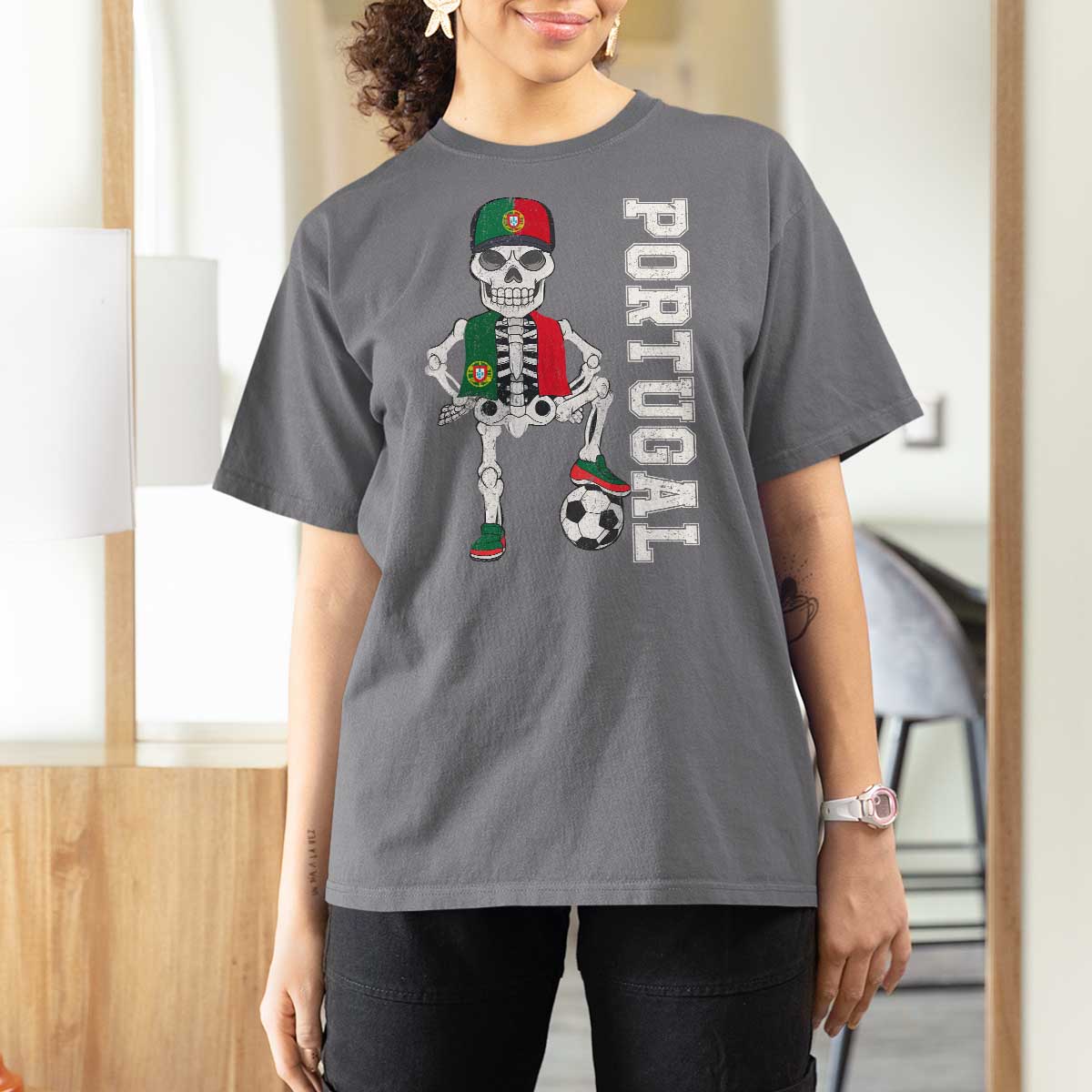 Portugal Soccer T Shirt For Women Skeleton Portuguese Flag Futebol Football Player - Wonder Print Shop