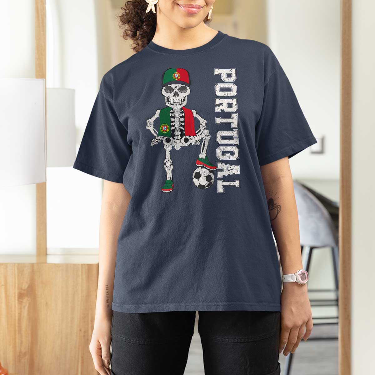 Portugal Soccer T Shirt For Women Skeleton Portuguese Flag Futebol Football Player - Wonder Print Shop