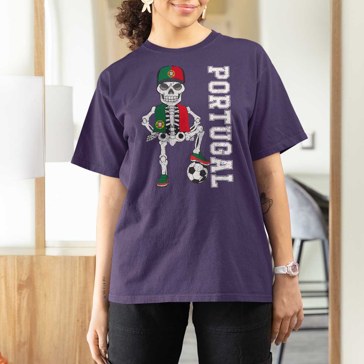 Portugal Soccer T Shirt For Women Skeleton Portuguese Flag Futebol Football Player - Wonder Print Shop