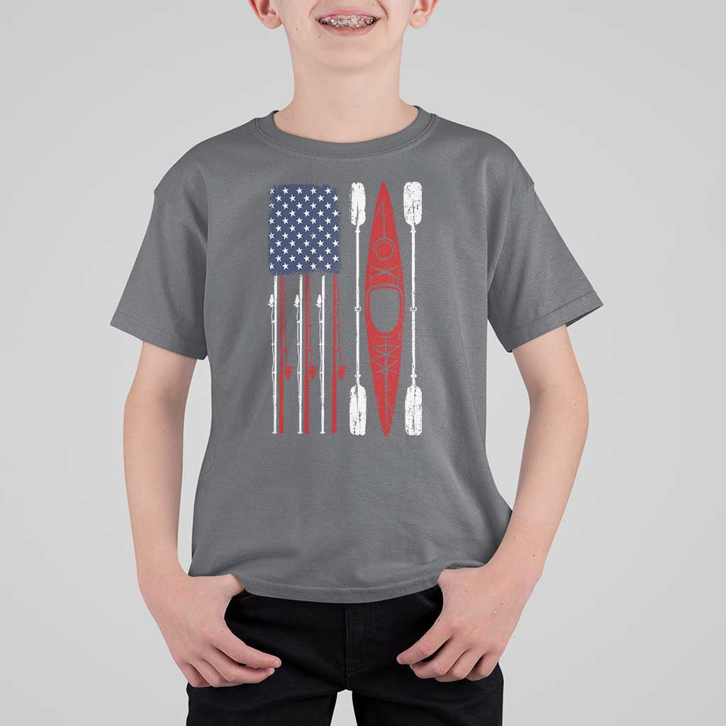 American Flag Kayak Fishing Graphic T Shirt For Kid Patriotic Kayaker Fisherman