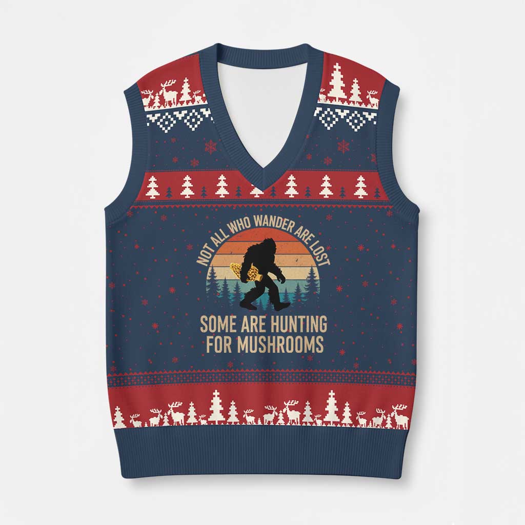 Bigfoot Mushroom Lovers V-Neck Knit Sweater Vest Retro Sasquatch Fungi Morel Mushroom