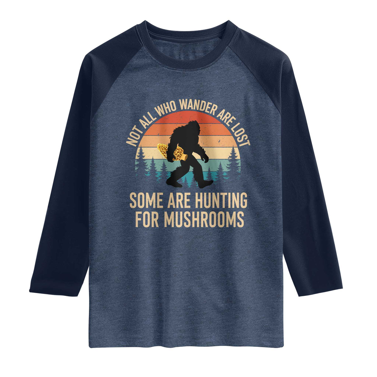 Bigfoot Mushroom Lovers Raglan Shirt Retro Sasquatch Fungi Morel Mushroom