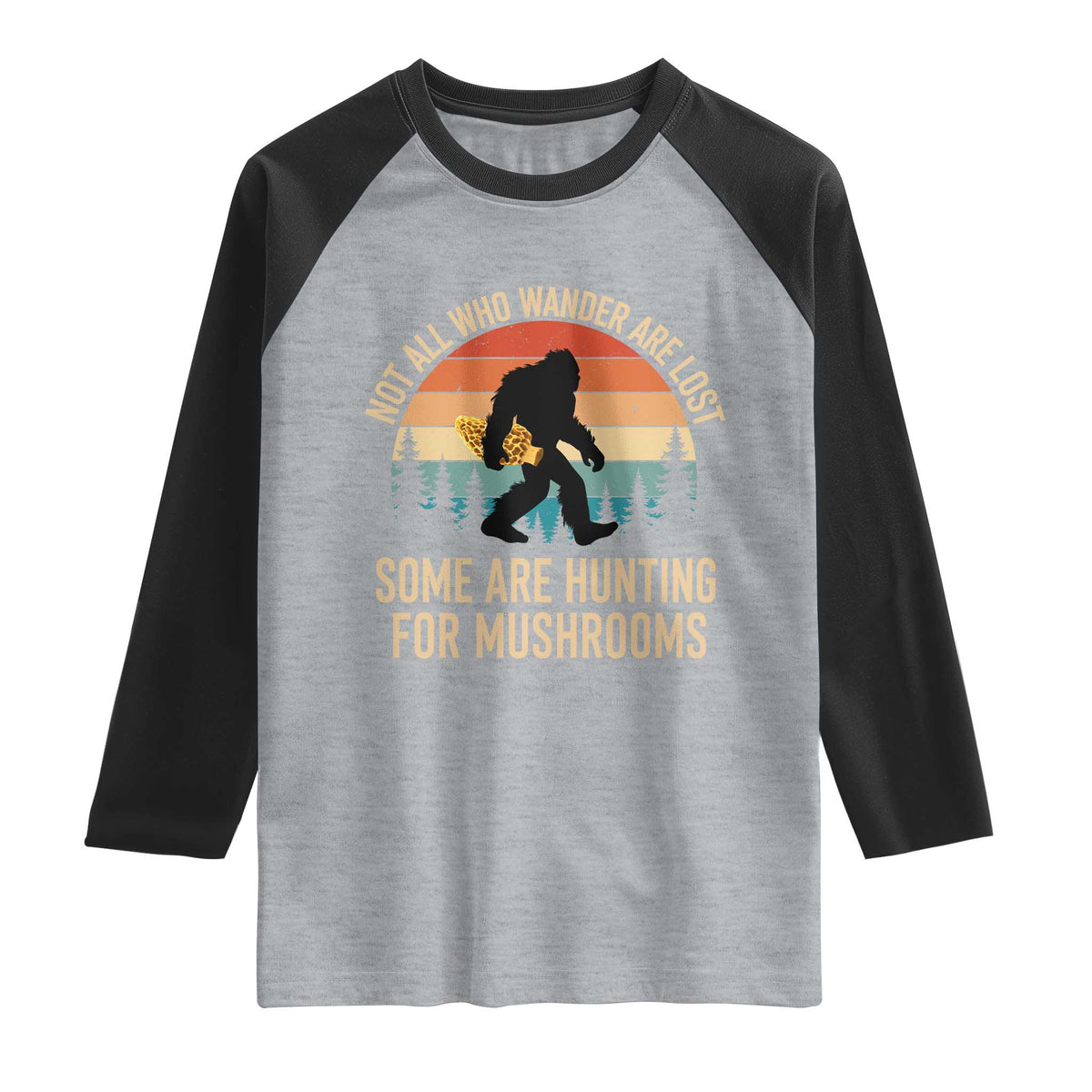 Bigfoot Mushroom Lovers Raglan Shirt Retro Sasquatch Fungi Morel Mushroom