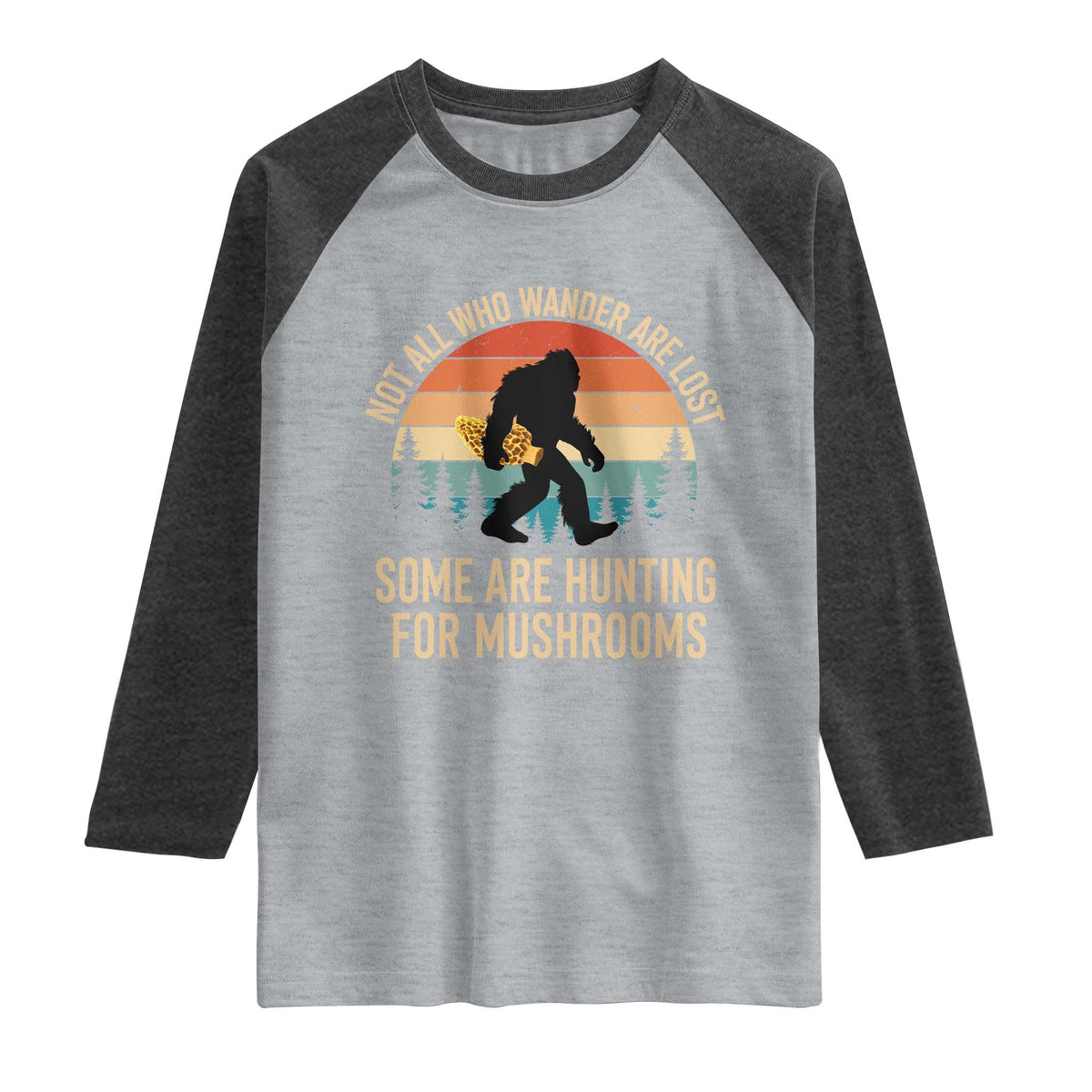 Bigfoot Mushroom Lovers Raglan Shirt Retro Sasquatch Fungi Morel Mushroom