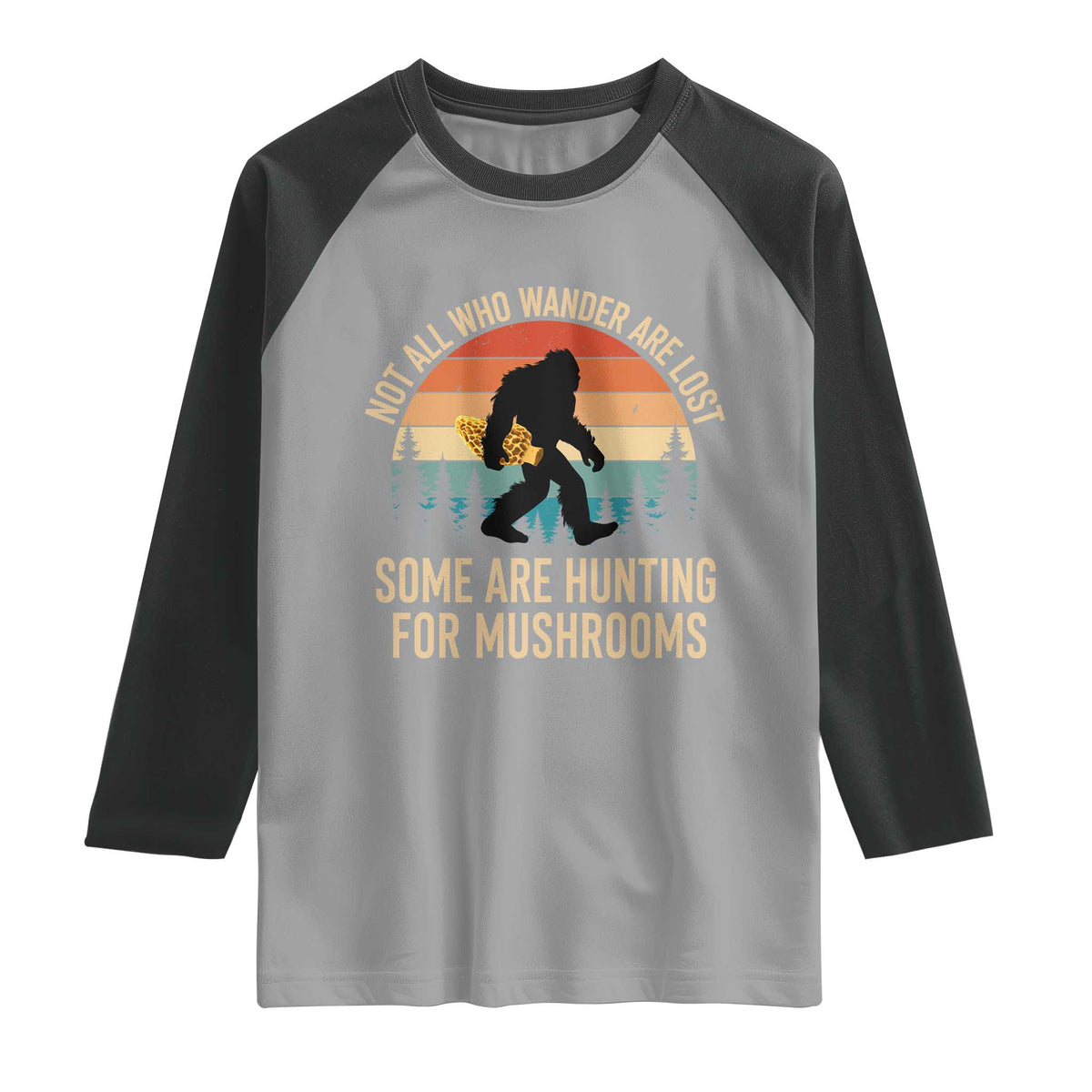 Bigfoot Mushroom Lovers Raglan Shirt Retro Sasquatch Fungi Morel Mushroom