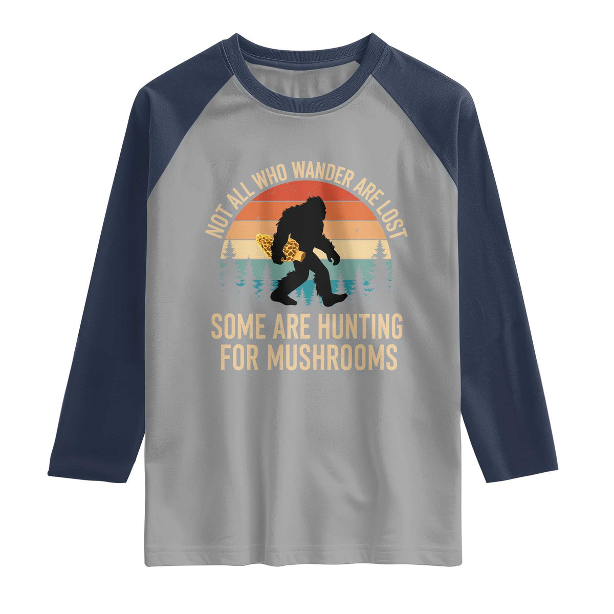 Bigfoot Mushroom Lovers Raglan Shirt Retro Sasquatch Fungi Morel Mushroom