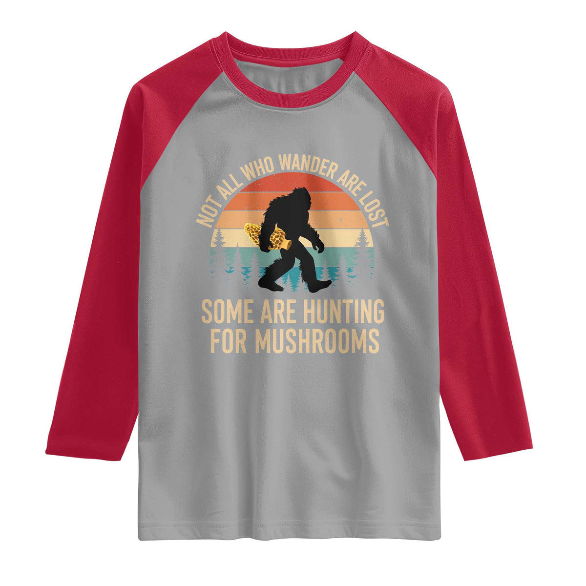 Bigfoot Mushroom Lovers Raglan Shirt Retro Sasquatch Fungi Morel Mushroom