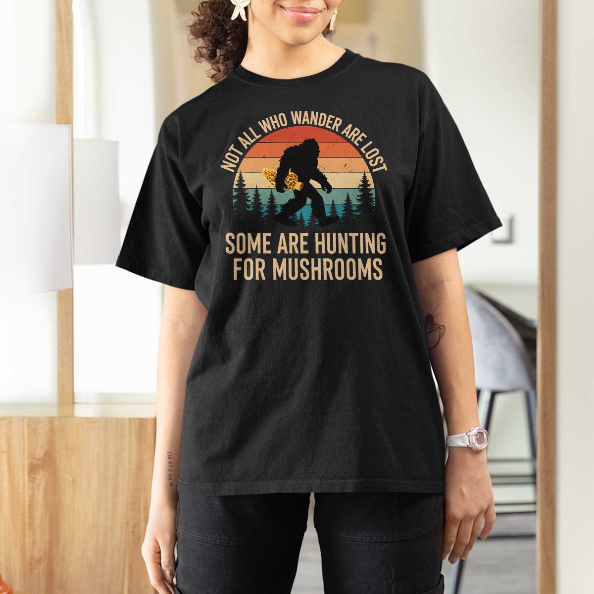 Bigfoot Mushroom Lovers T Shirt For Women Retro Sasquatch Fungi Morel Mushroom