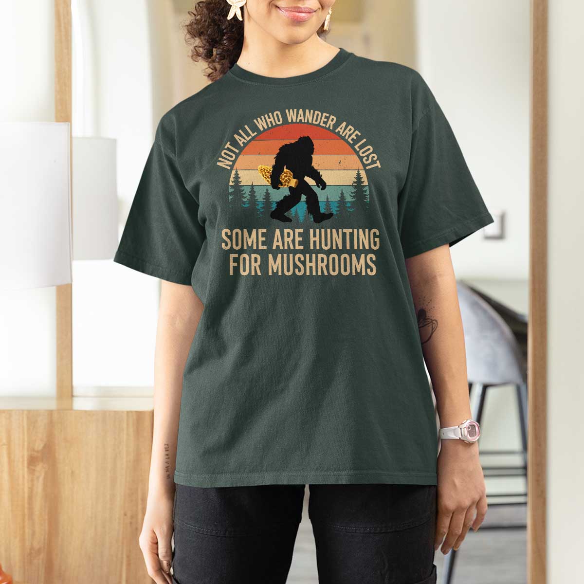 Bigfoot Mushroom Lovers T Shirt For Women Retro Sasquatch Fungi Morel Mushroom