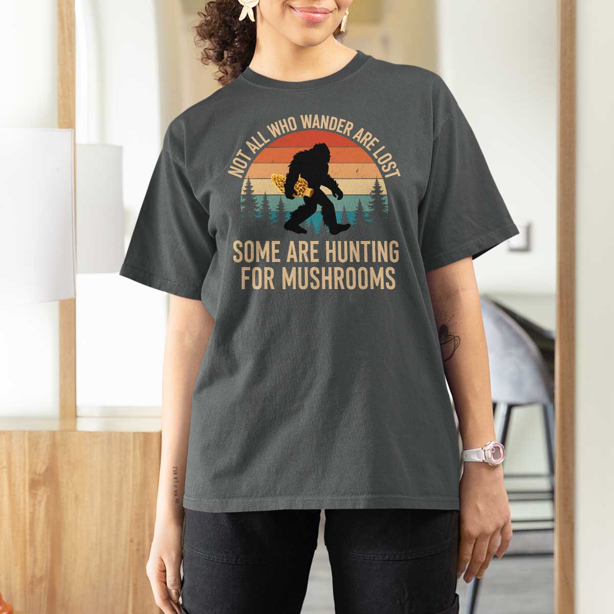 Bigfoot Mushroom Lovers T Shirt For Women Retro Sasquatch Fungi Morel Mushroom