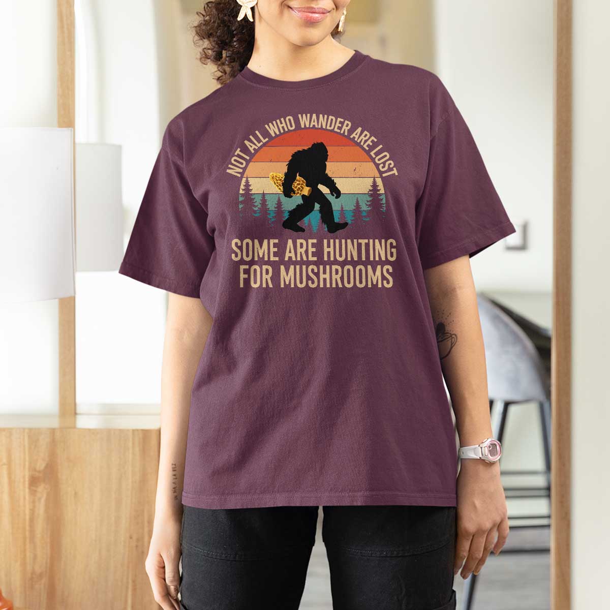 Bigfoot Mushroom Lovers T Shirt For Women Retro Sasquatch Fungi Morel Mushroom