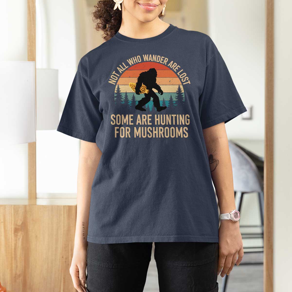 Bigfoot Mushroom Lovers T Shirt For Women Retro Sasquatch Fungi Morel Mushroom