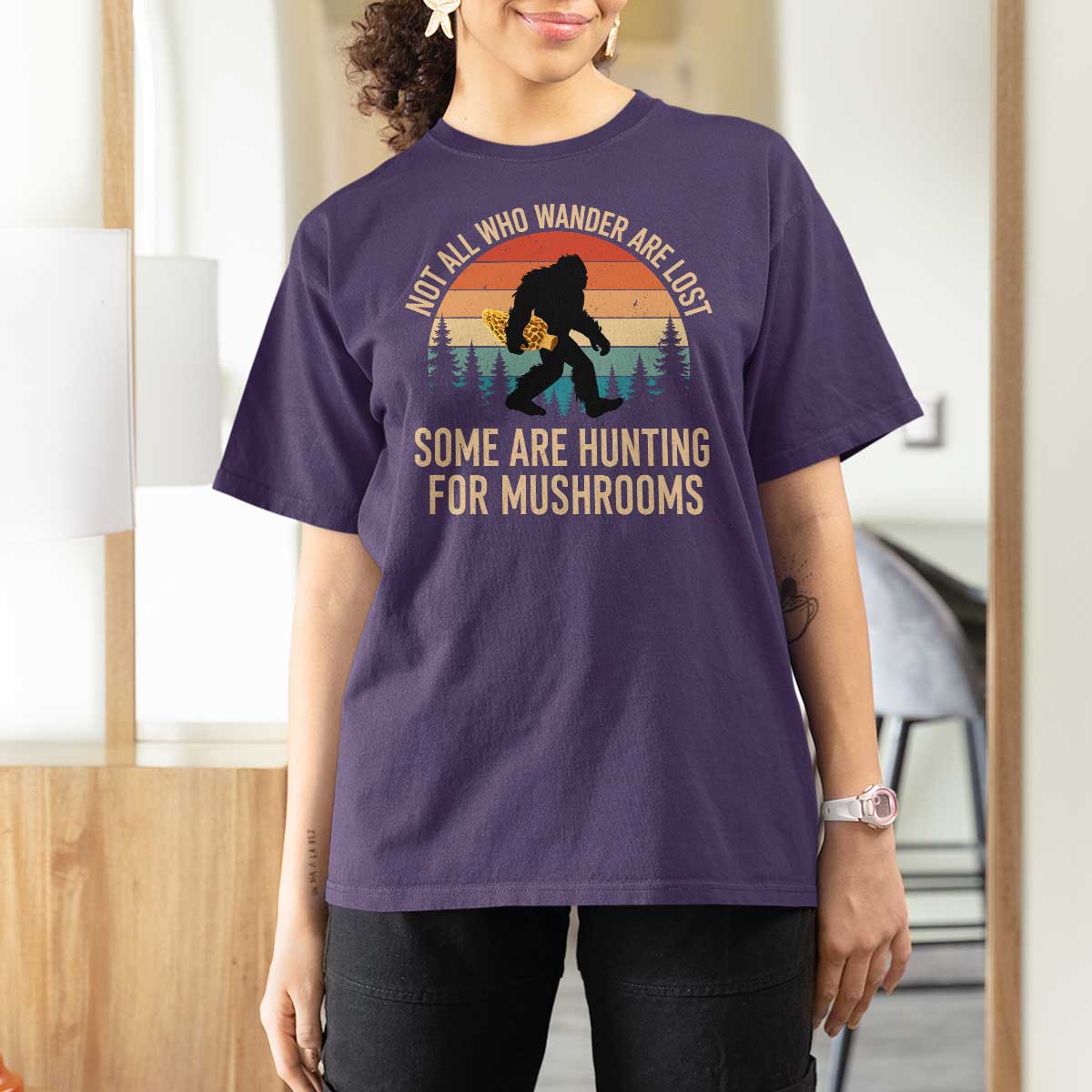 Bigfoot Mushroom Lovers T Shirt For Women Retro Sasquatch Fungi Morel Mushroom