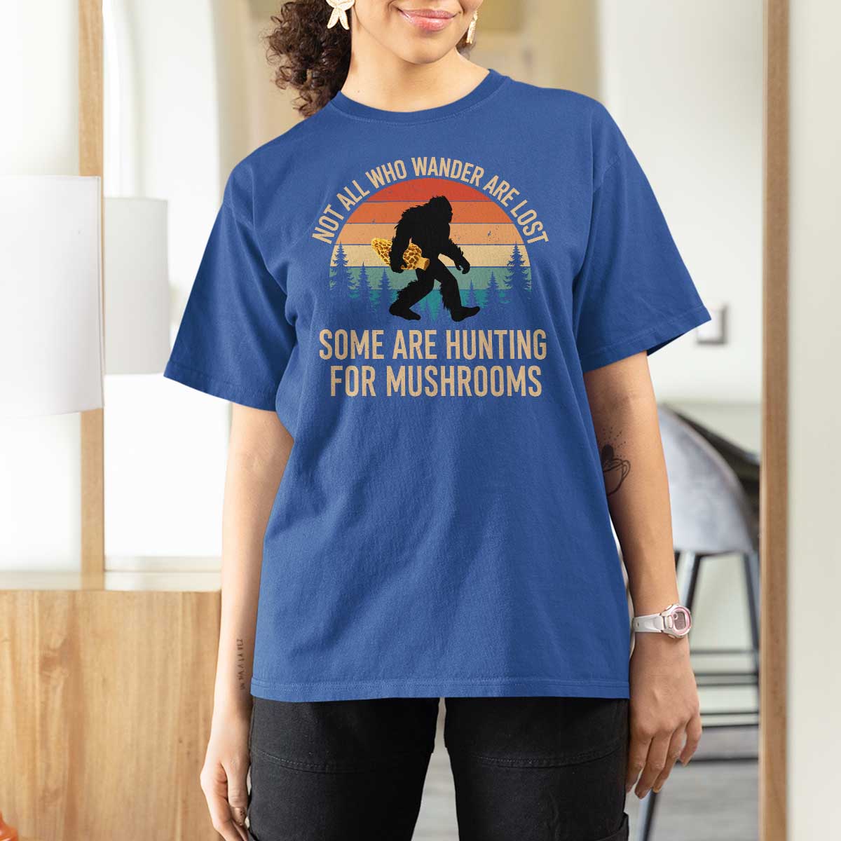 Bigfoot Mushroom Lovers T Shirt For Women Retro Sasquatch Fungi Morel Mushroom