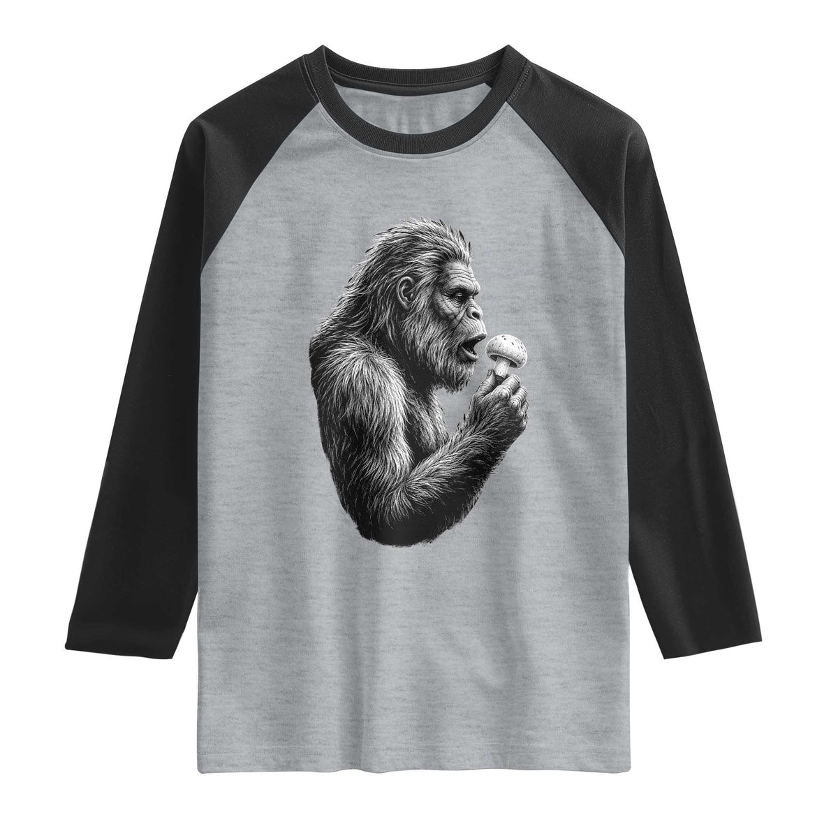 Bigfoot Mushroom Raglan Shirt Vintage Sasquatch Art Mystical Nature Lover Retro